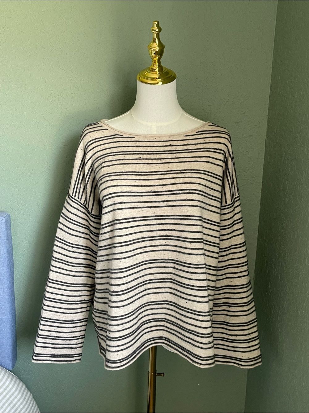 Eileen Fisher Cotton Wool Striped Speckled Sweater Cream Dark Gray